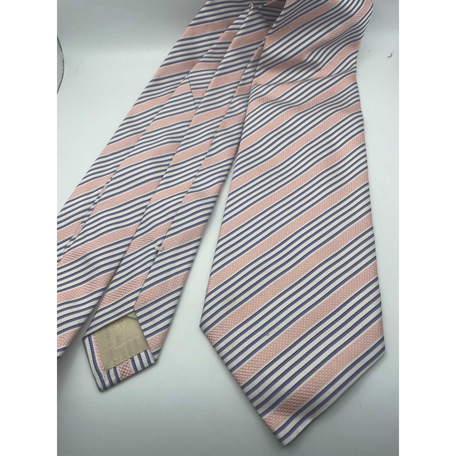 Scappino Mens Silk Necktie Pink Navy Blue White Diagonal Striped Classic Tie